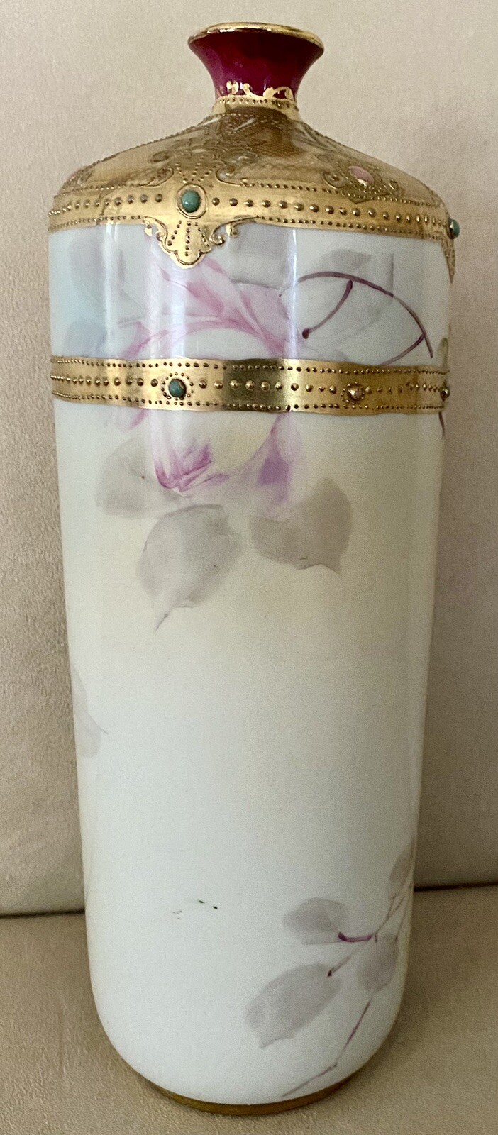 Antique Nippon Vase Jeweled Gold Cabbage Roses Bottle Shape 10.5” RARE SHAPE
