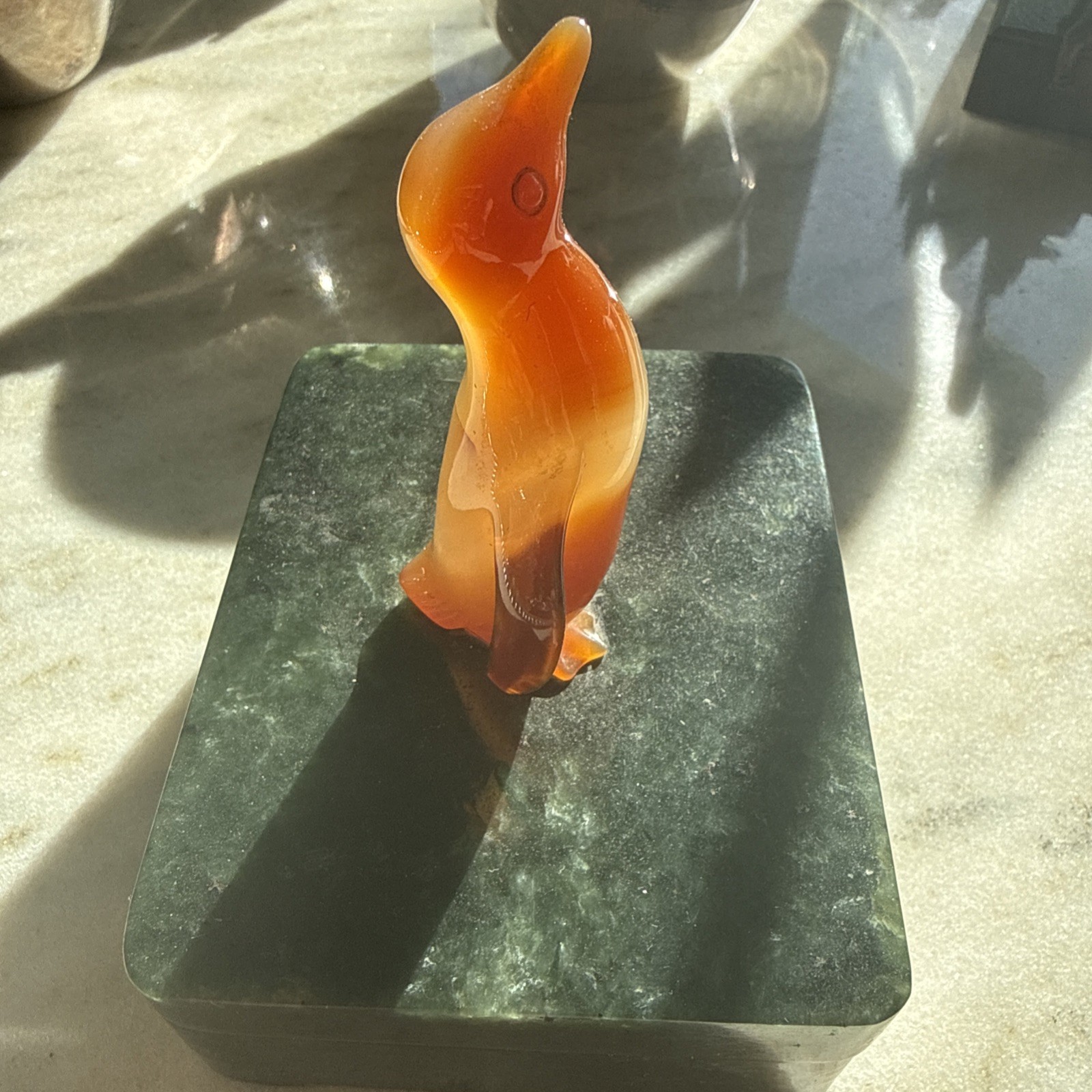 Edward Farmer Attrib Nephrite Jade Box Carnelian Penguin Art Deco NY c.1920
