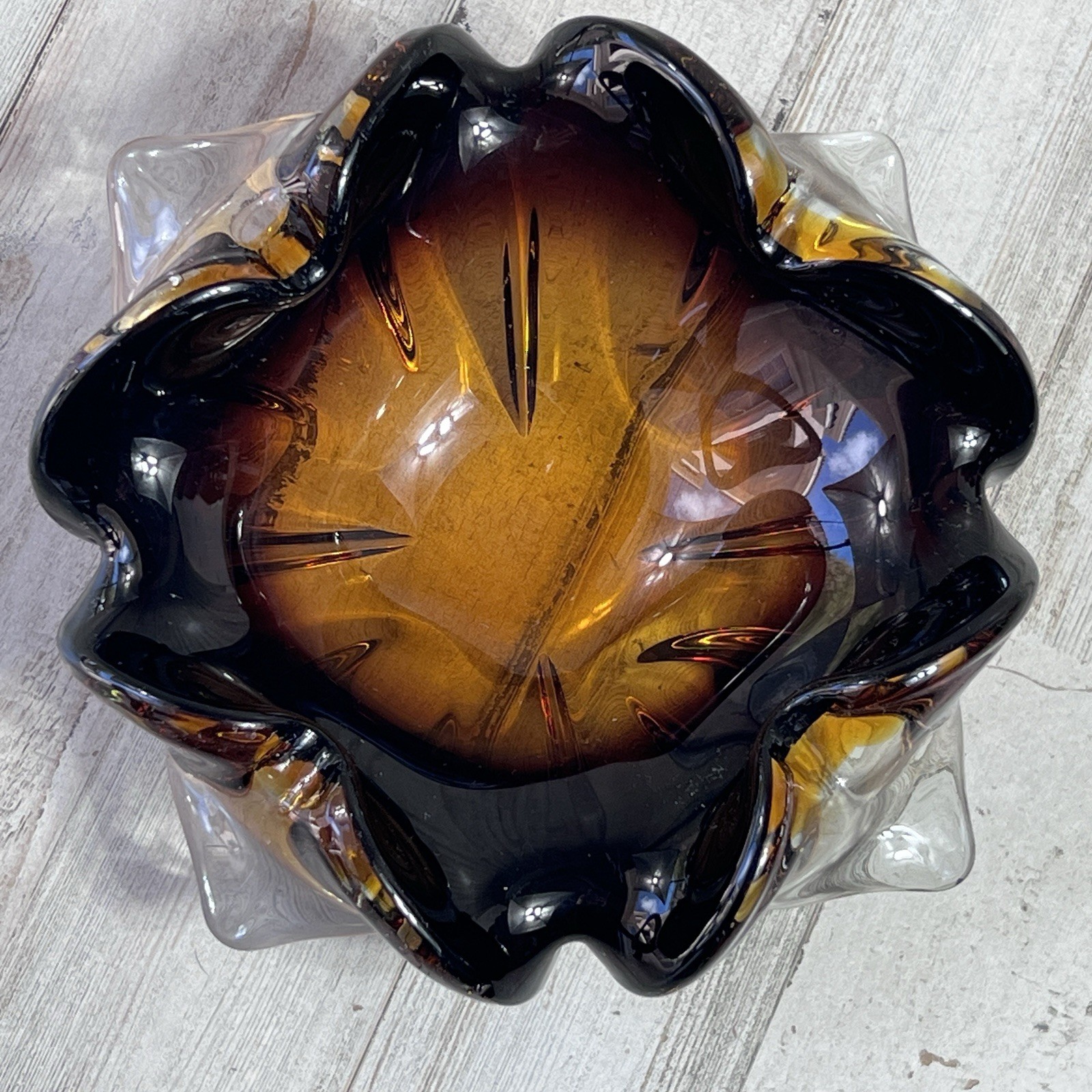 RARE Vintage Mid 20th Century Murano Glass Ashtray Trinket Bowl, Amber Color