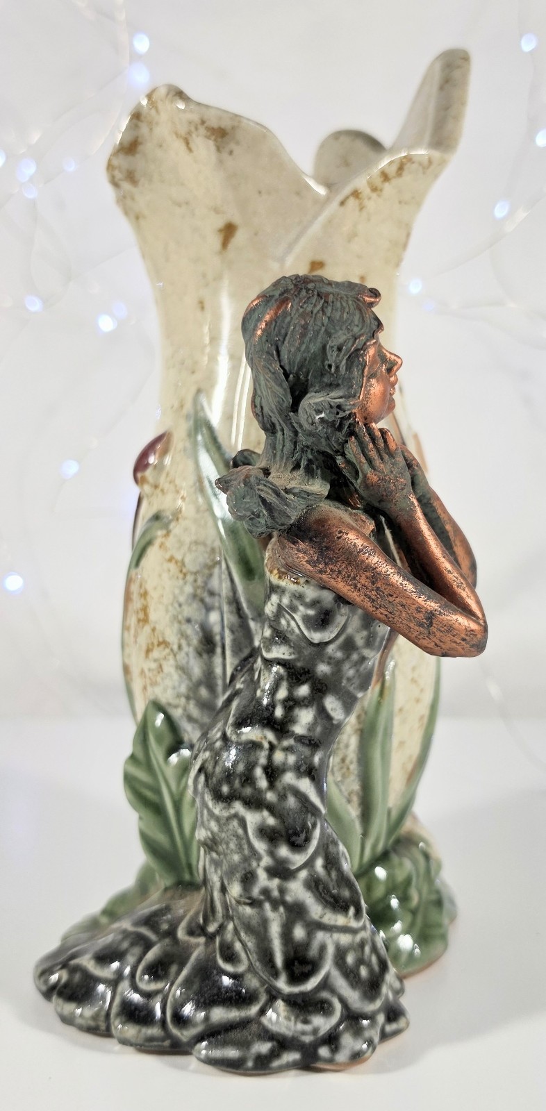 VTG 9″ Ceramic Figural Vase with Fairy Woman and Butterfly Floral Art Pottery