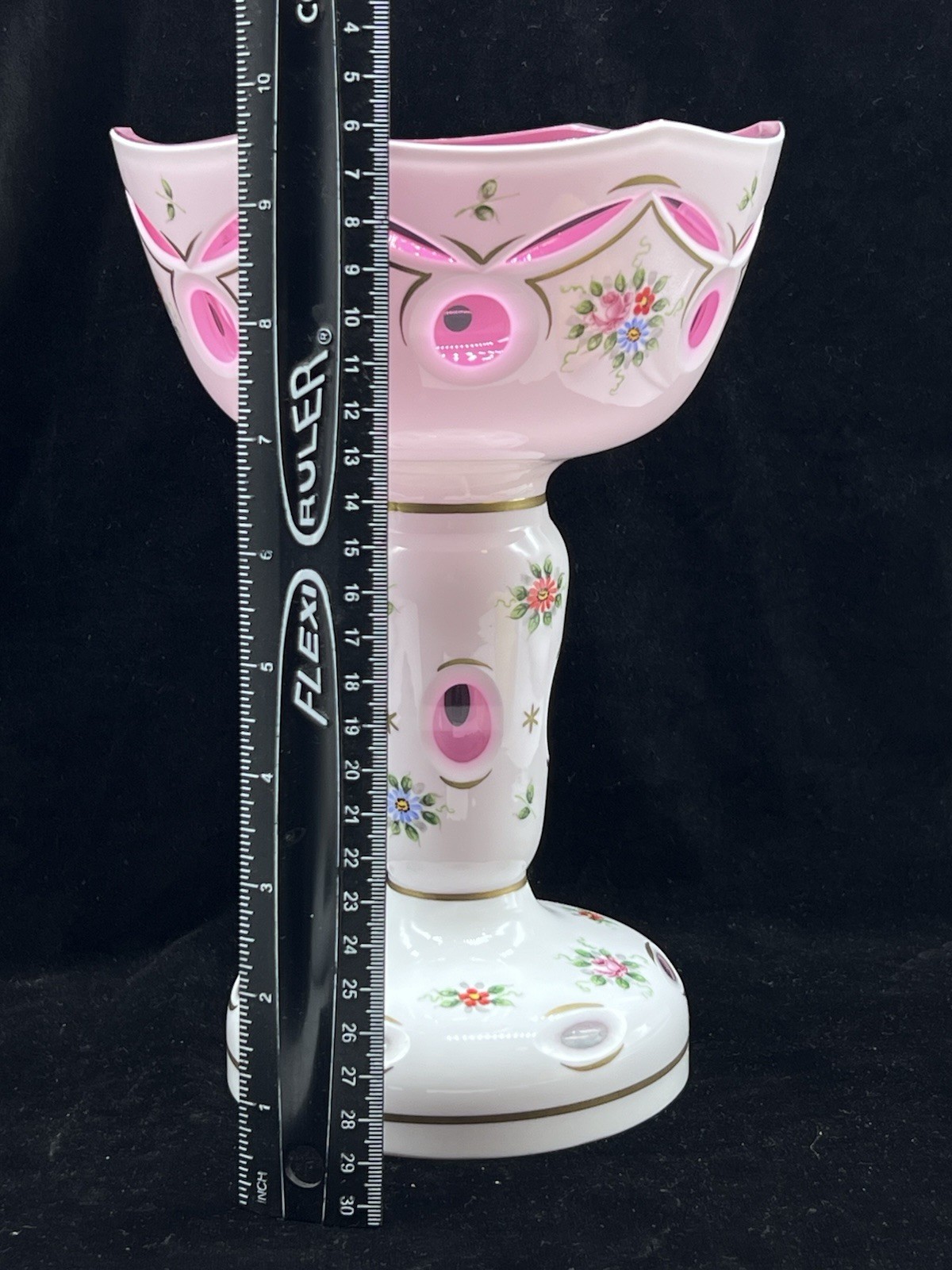 Bohemian Czech Moser Glass Cased White Cut To Cranberry Pedestal—9.75”