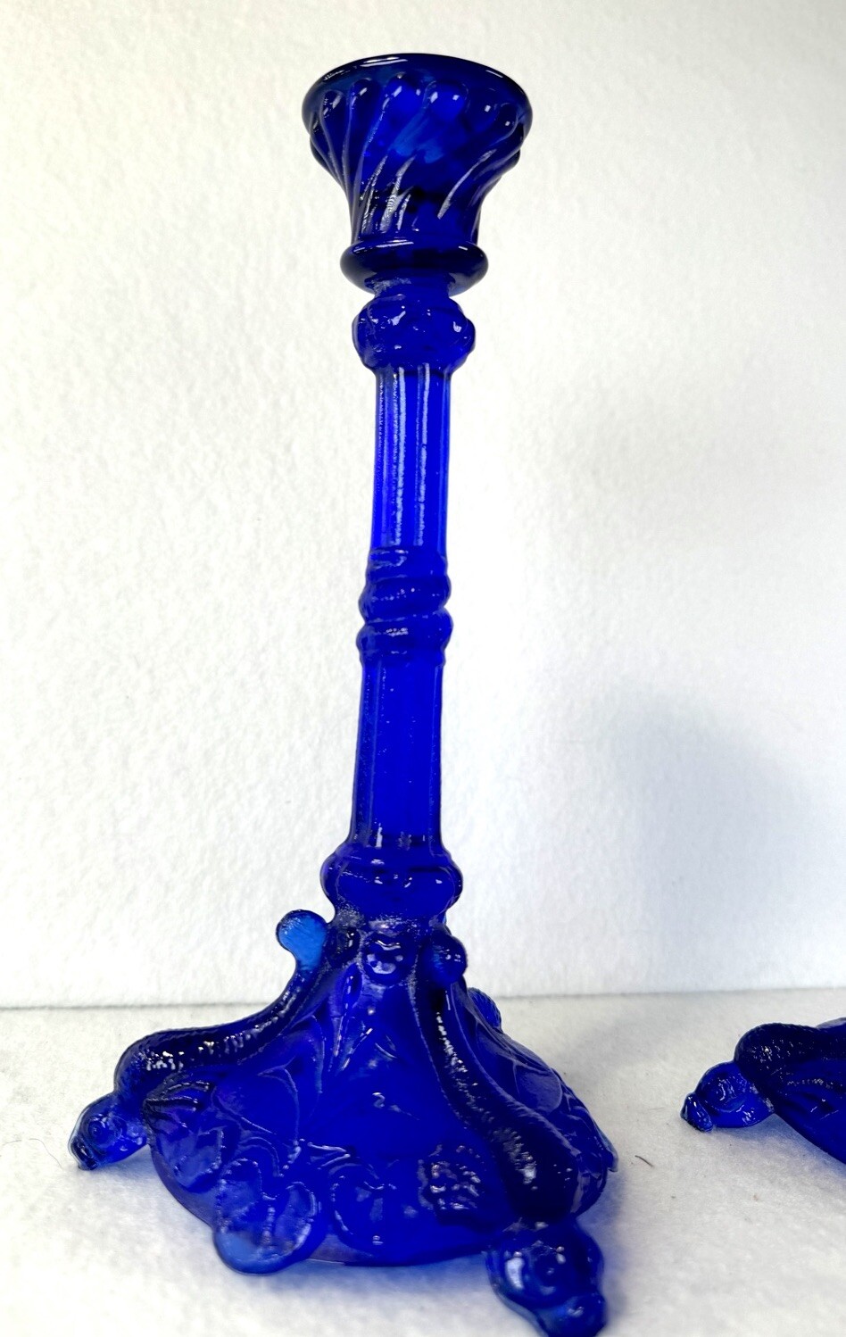 Portieux Vallerysthal Cobalt Blue Glass Candlestick Pair 9″ Vintage
