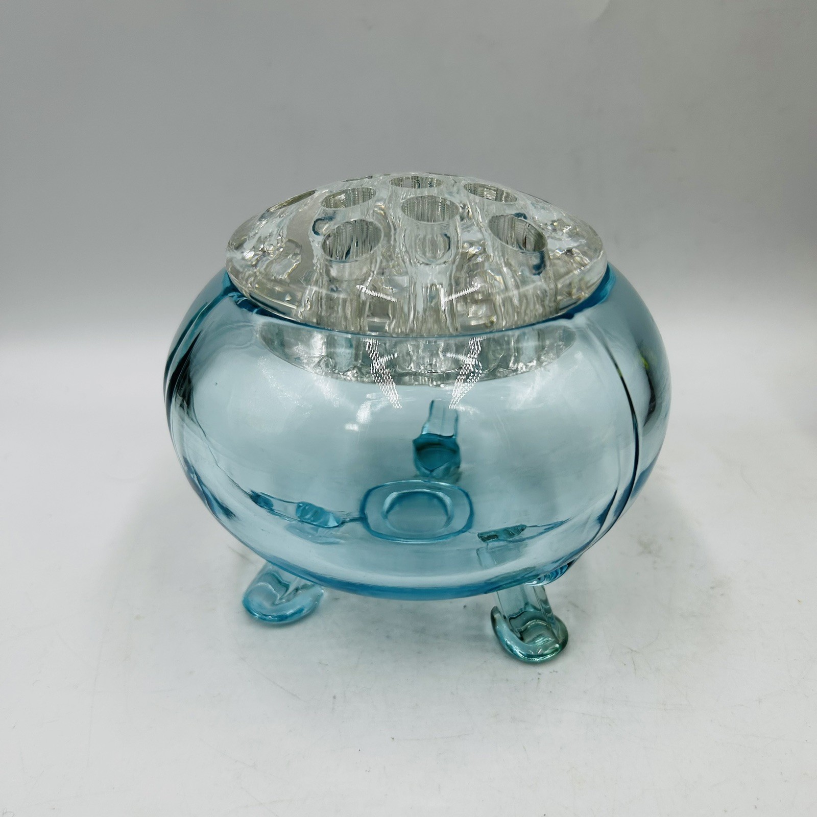 Vtg Viking Light Blue Glass Flowerlite Flower Frog 3 Legged Bowl Vase MCM VHTF
