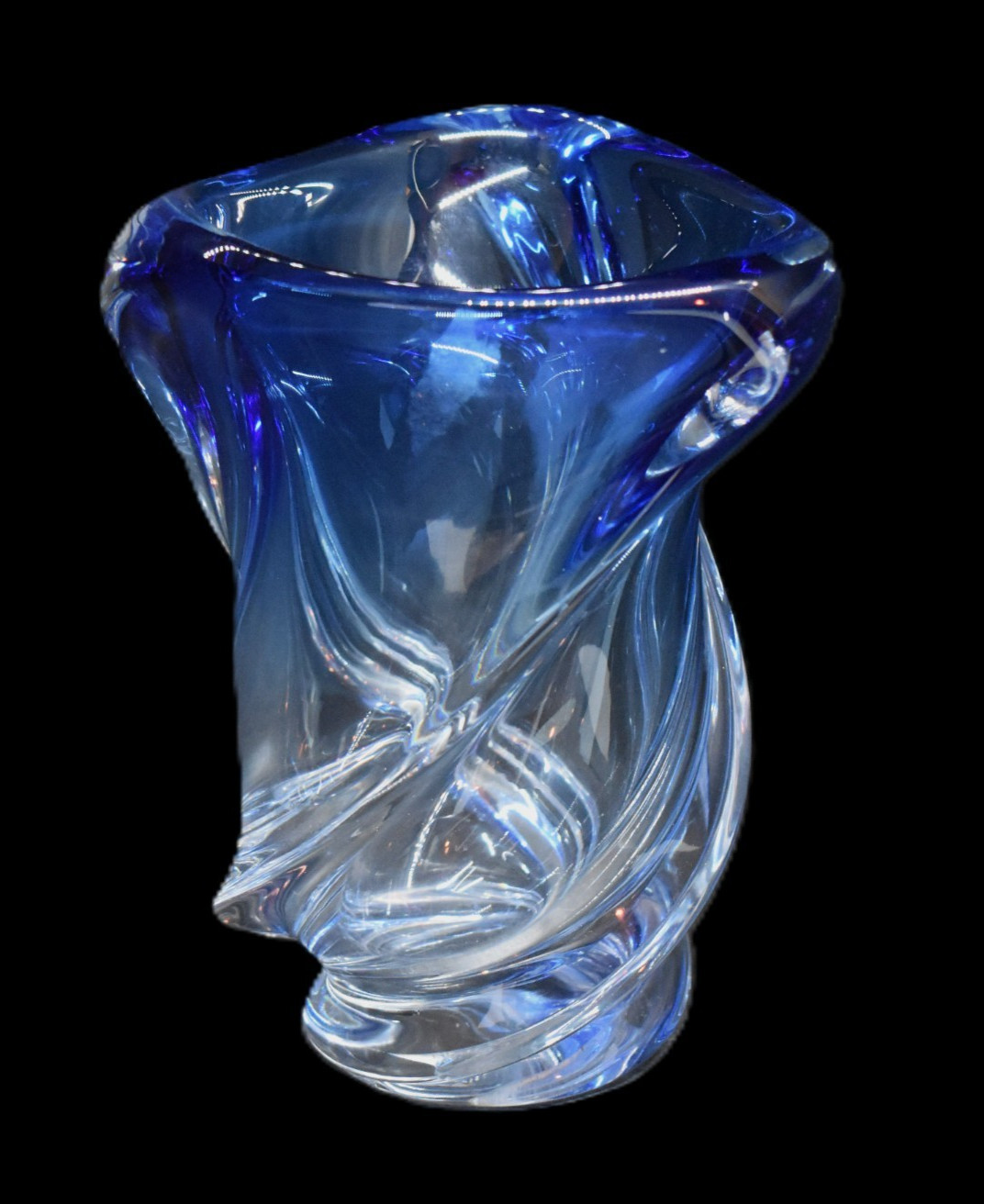 Val St. Lambert Signed Blue Art Glass Vase Twisted Rene Delvenne Crystal 1950s