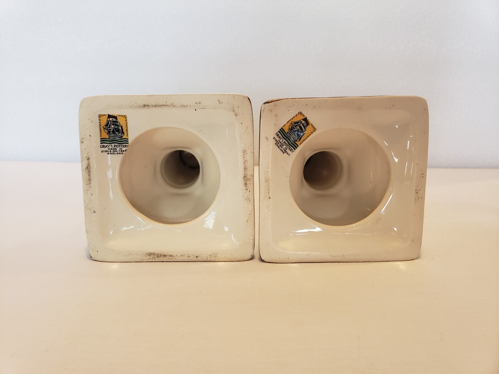 Grays Pottery Candlesticks 6 1/8 Inch Early Americana Scene Set Of 2 Vintage