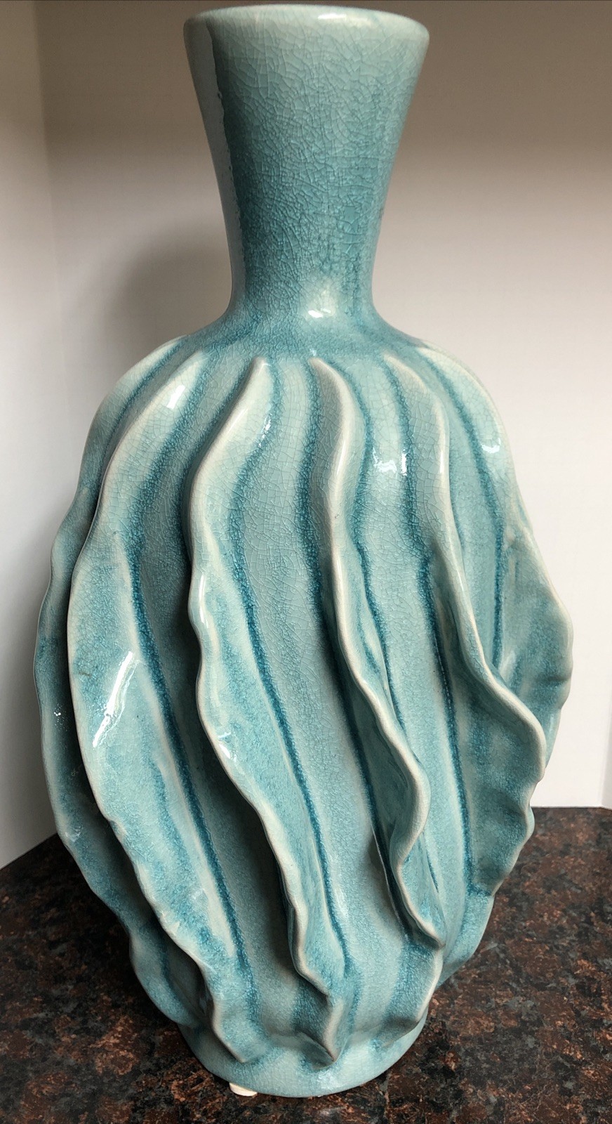 16” Merope Medium Handmade Folk Art Vase Teal Blue Mist Color Crackle Style