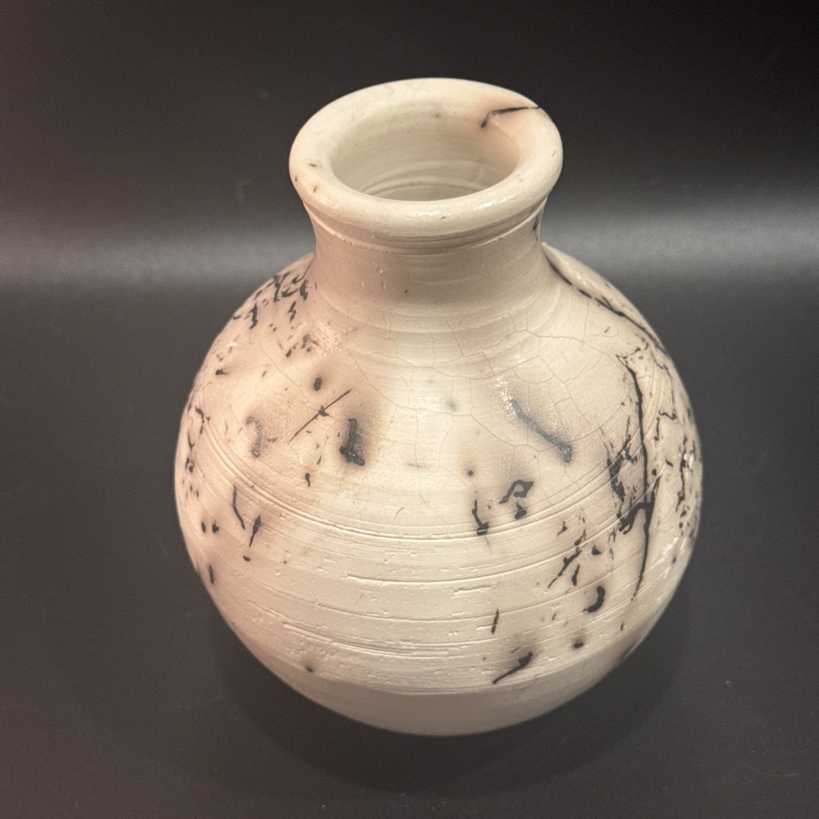White And Black Raku Vase Signed Javier Gaytan Original Tag 4.75” Made In Hawaii