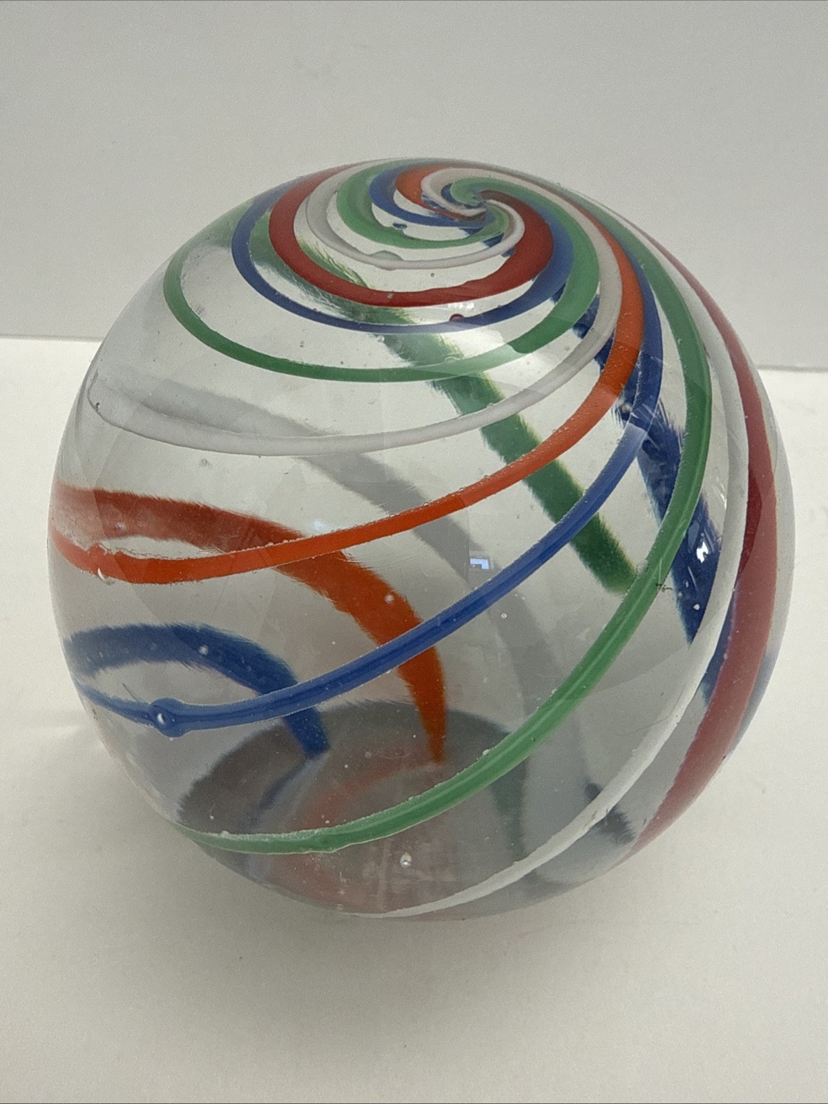 Vintage Hand Blown Art Glass Ribbon Swirl Paperweight Orb Red Blue Green White