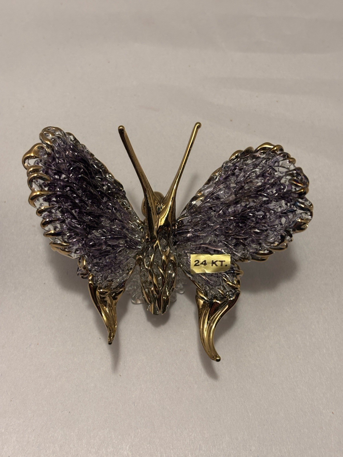 2 Hand Blown Crystal Glass Butterfly Sculptures Figurines 24K Gold Trim Purple