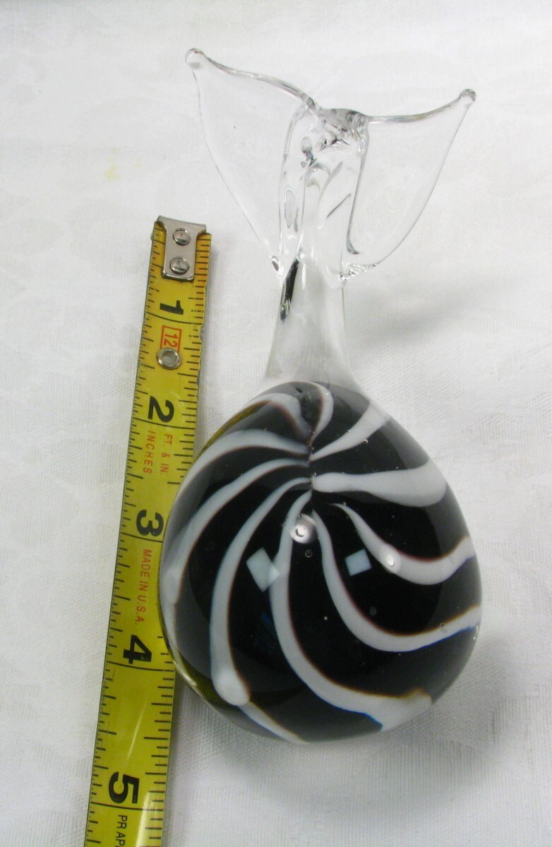 Hand Blown Art Glass Whale Figurine Clear Black White Decorative Paperweight 4″