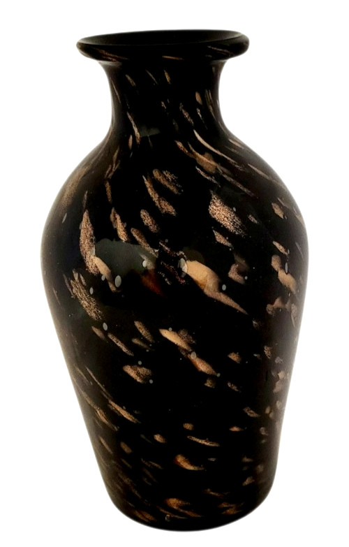 Vintage 1960s Black Gold Italian Adventurine Hollywood Regency Art Glass Vase 8″