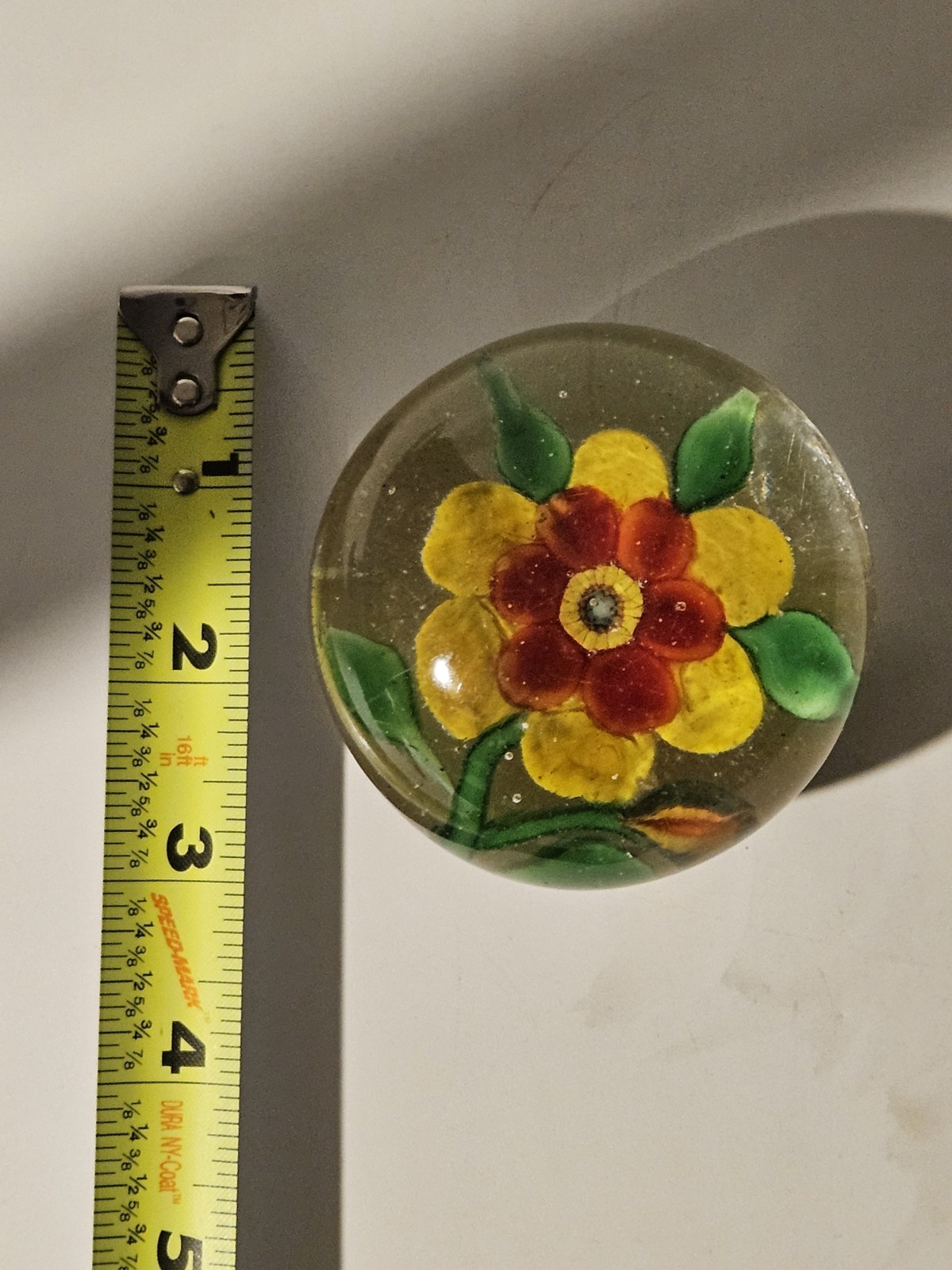 Old Chinese Two Color Fantasy Flower Glass Paperweight with Leaves and Bud 2.75″