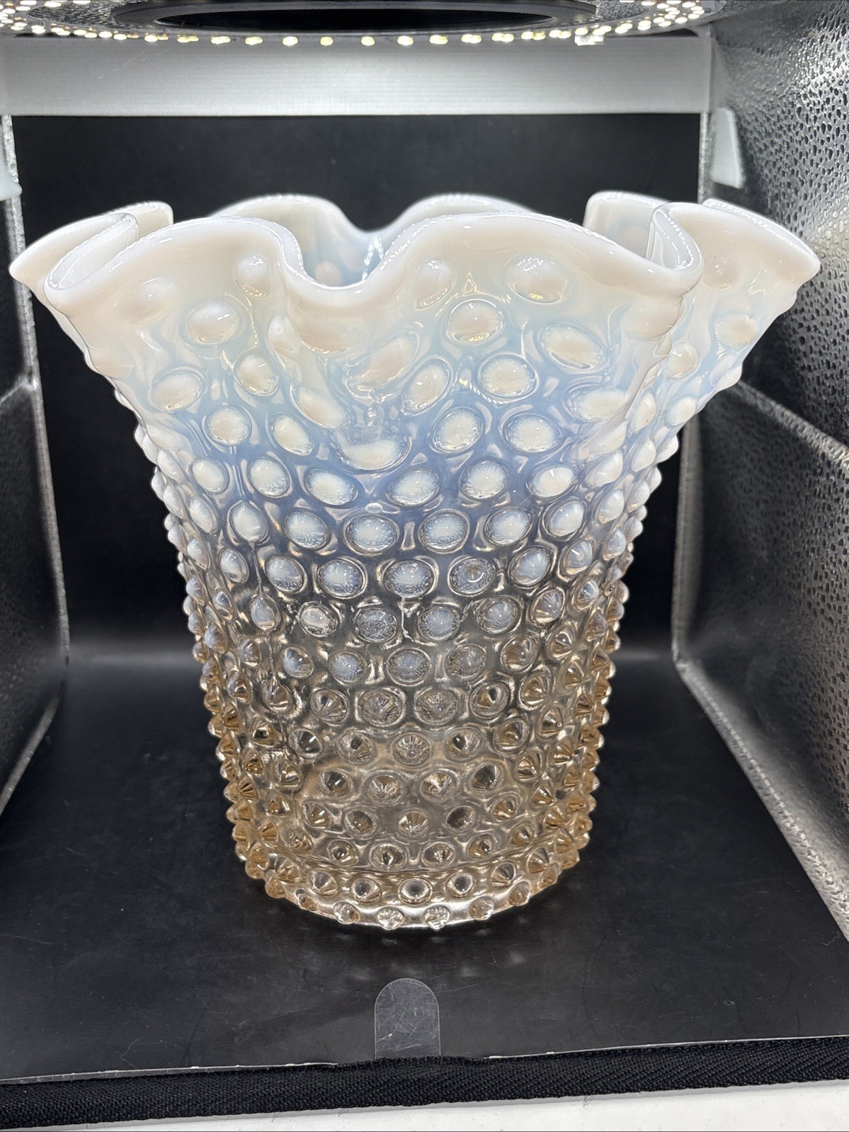 DUNCAN MILLER RUFFLED HOBNAIL Opalescent Peach White Ombré Vase 7.5”