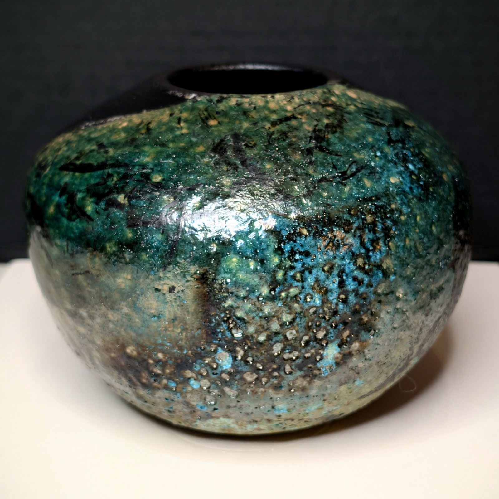 Raku Solar Eclipse Ellipse Vessel Split Glaze Metallic Matte Black Moss Green