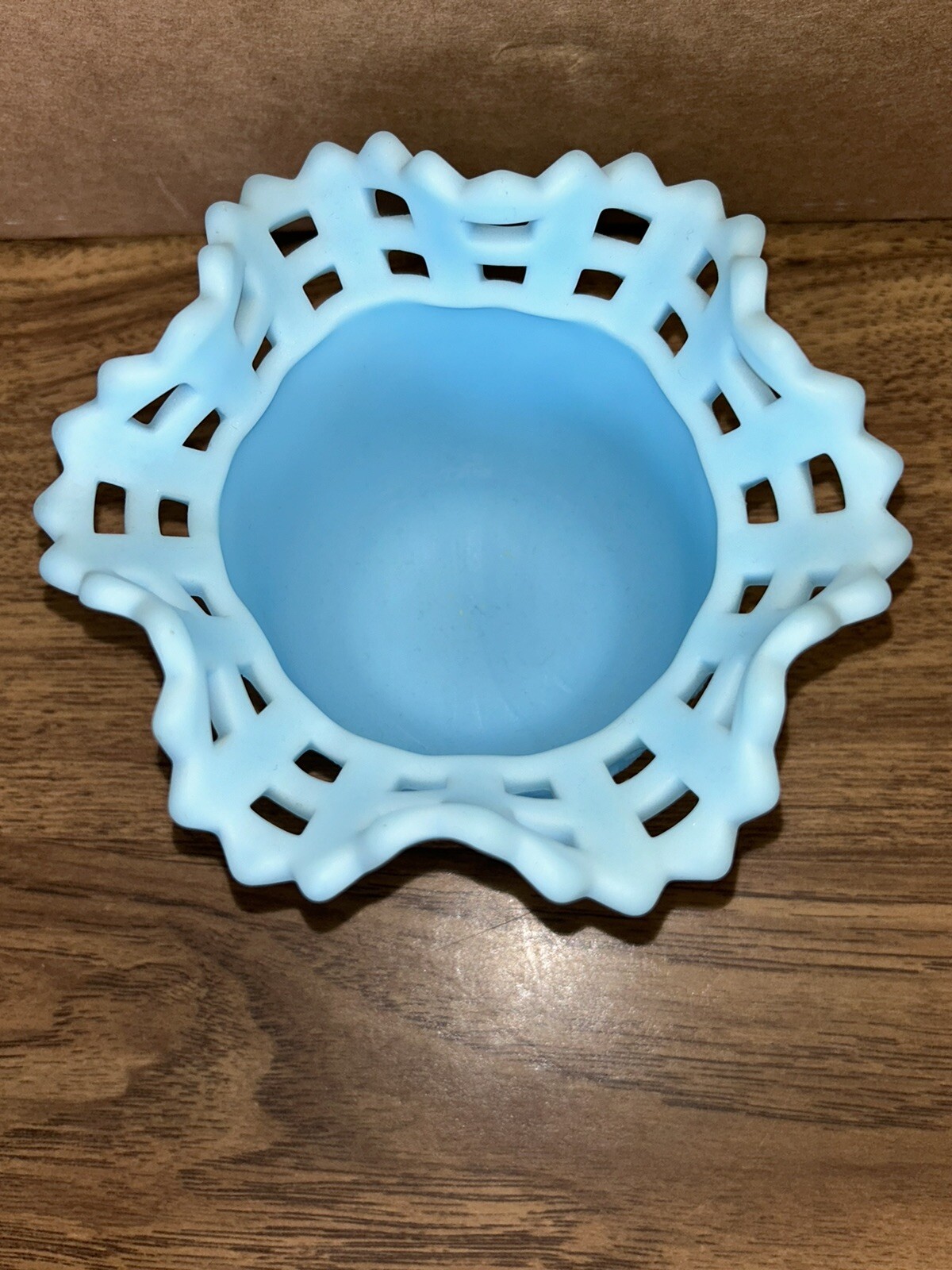 Vtg Match Pair Fenton Blue Satin Glass Basket Weave Ruffled Rose 3” Bowl Vase DP