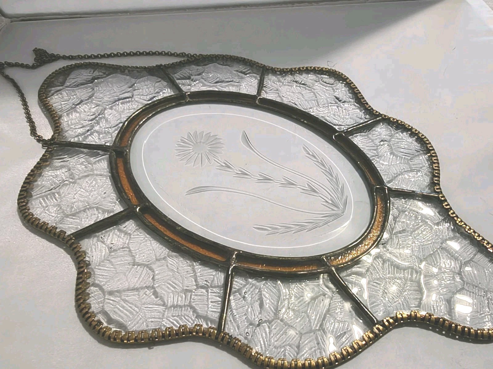 Clear Glass Etched Floral Sun Catcher w Amber Glass Insert and Beveled Glass