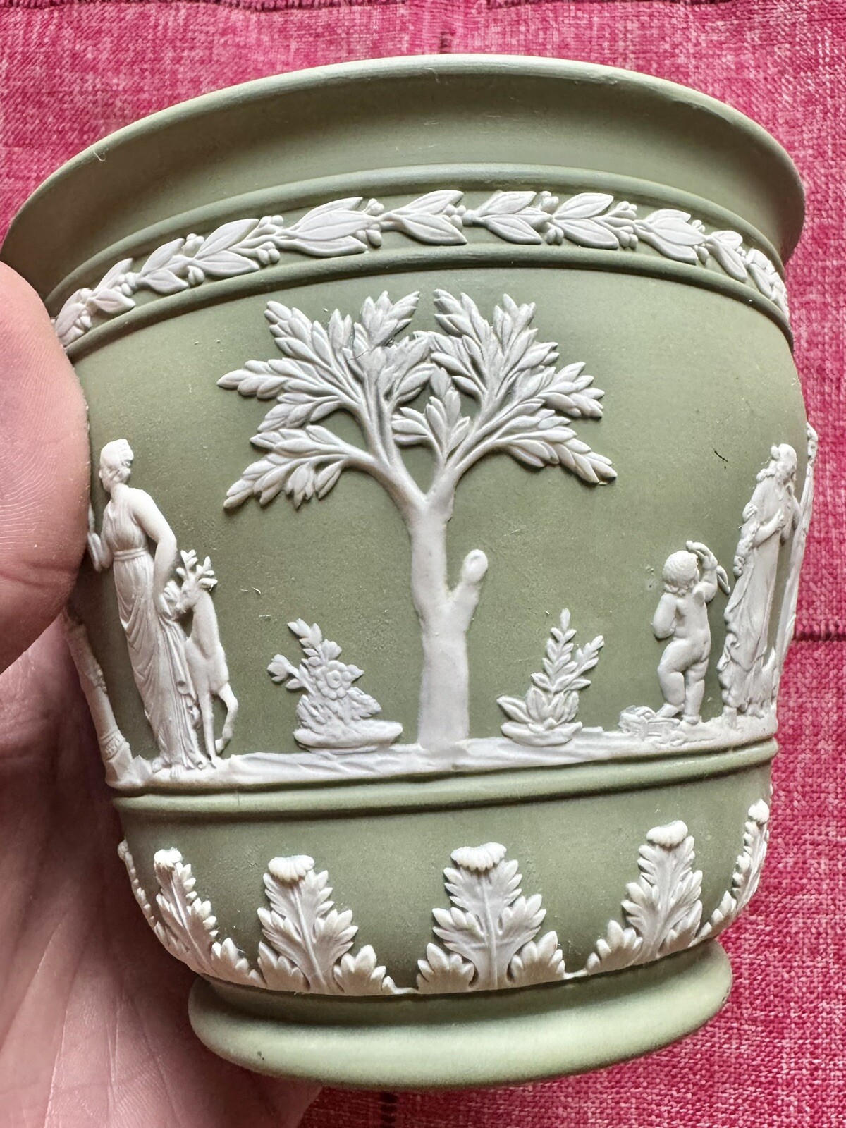 Wedgwood Green Jasperware Plant Pot Planter Classical Scenes – 4 1/2 In