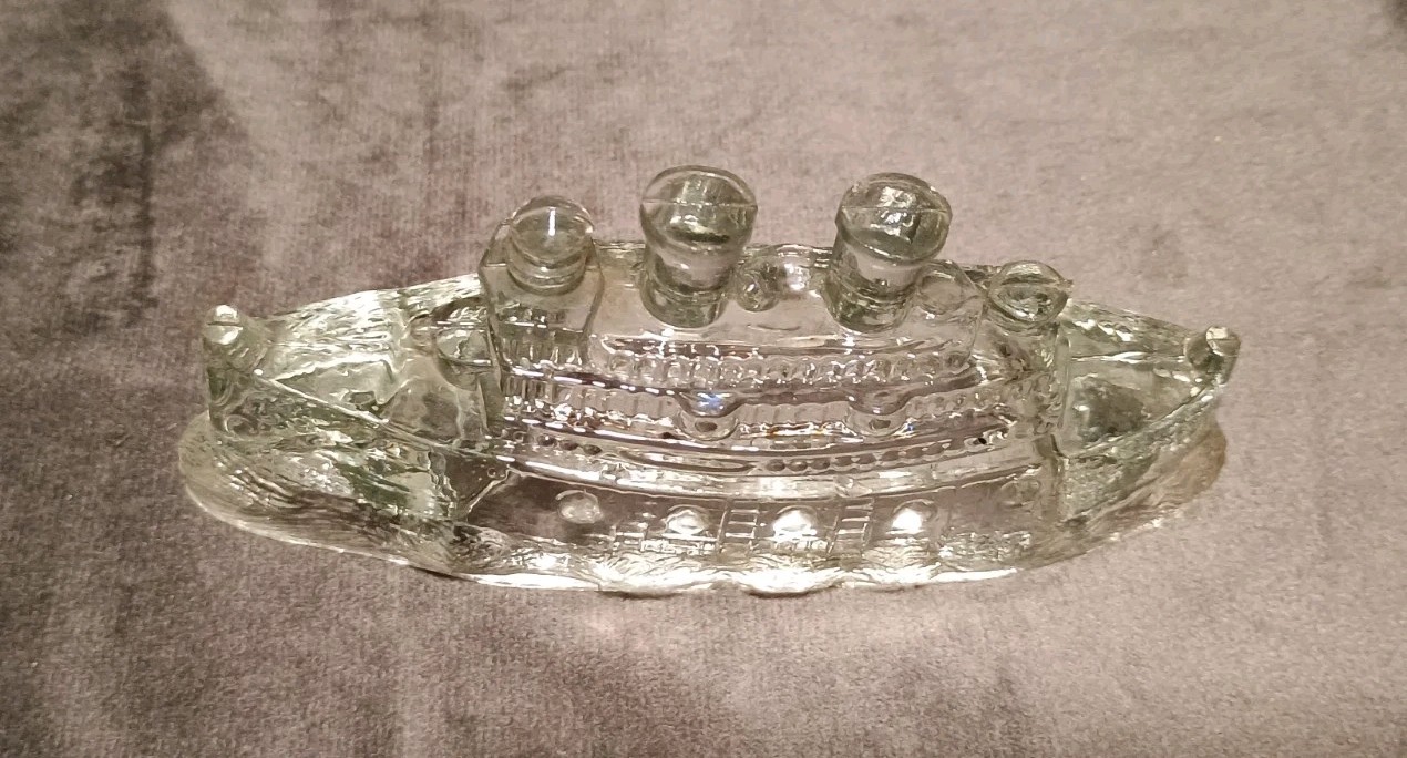 Lot Of 4 Transportation Themed Clear Glass Figurine/Bottle Trains, Ship, Jeep