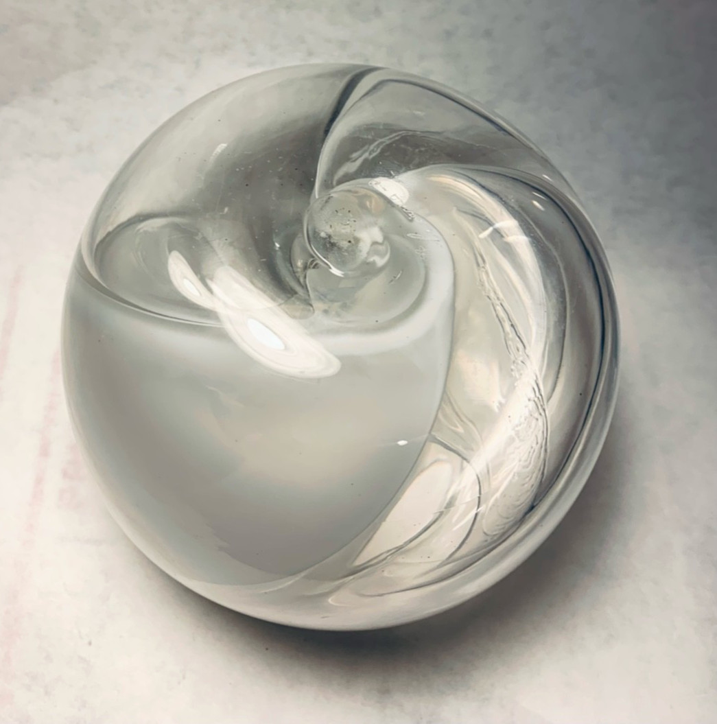 Vtg Hand Blown Signed Art Glass Vase Round Orb Ball White & Clear