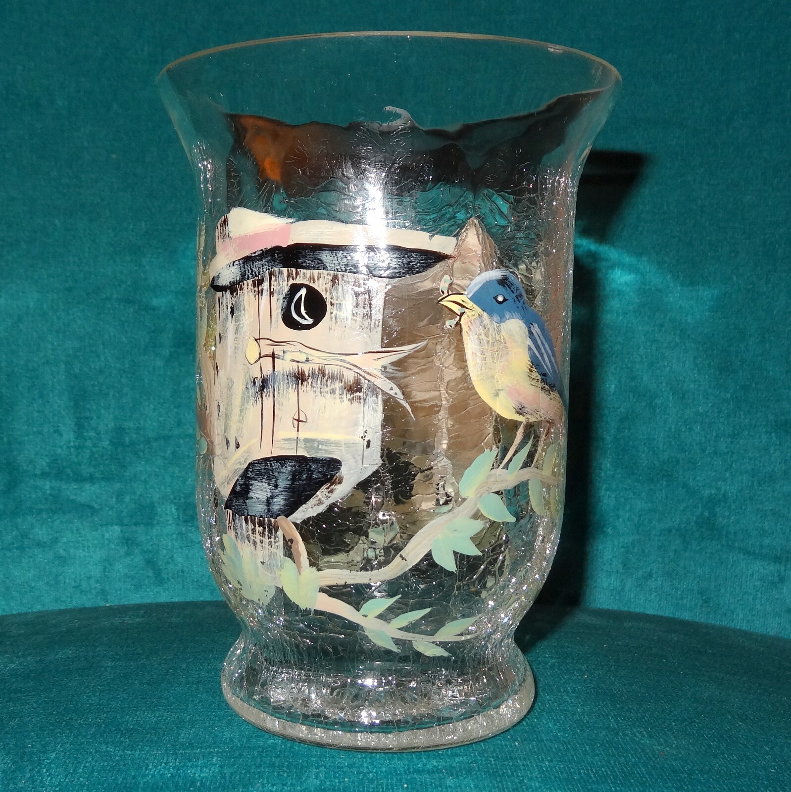 Fifth Ave. Crystal l.t.d crackle glass tealight or vase bluebirds handpainted