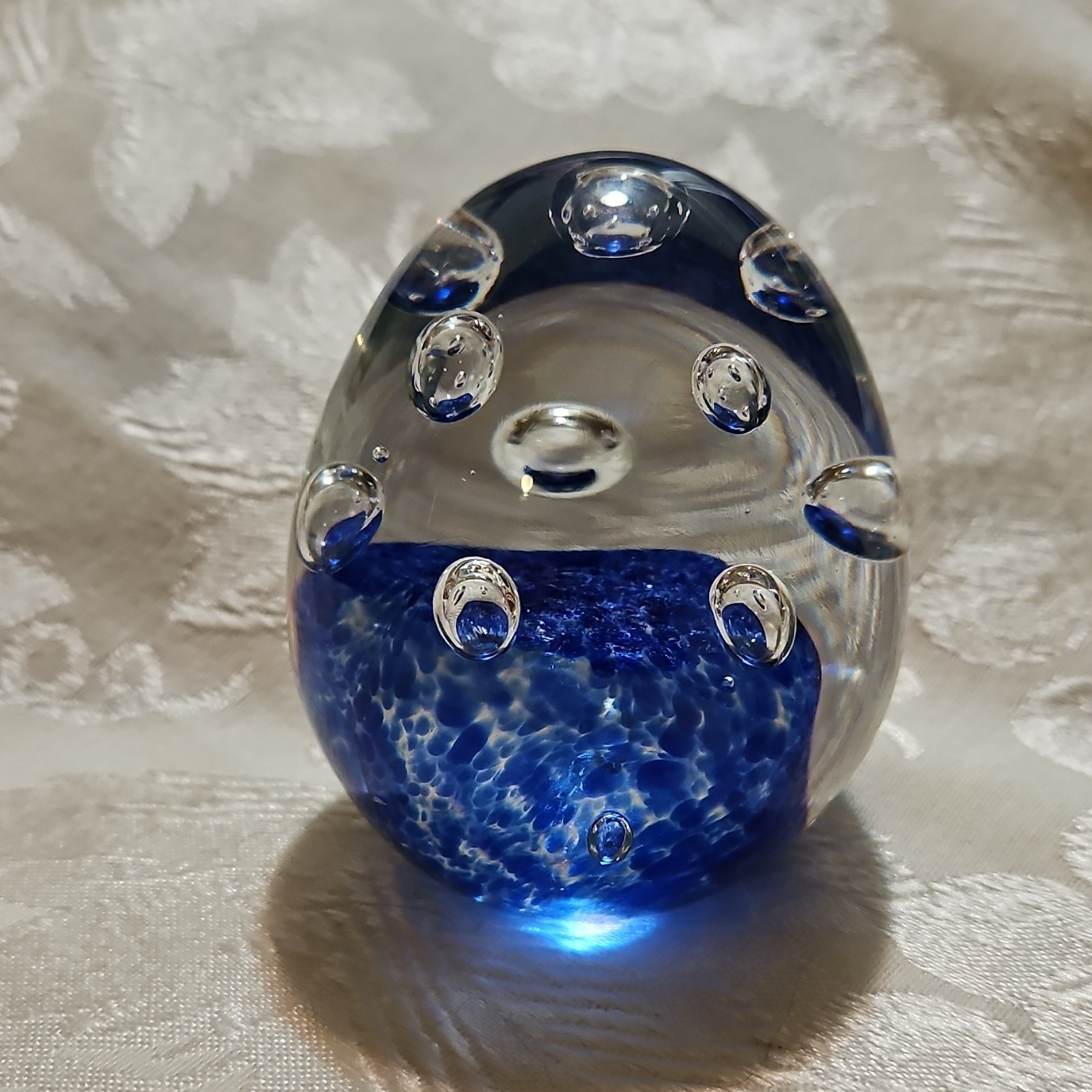 Blue Clear Art Glass Paperweight Egg Bubble Glossy Decorative Collectible