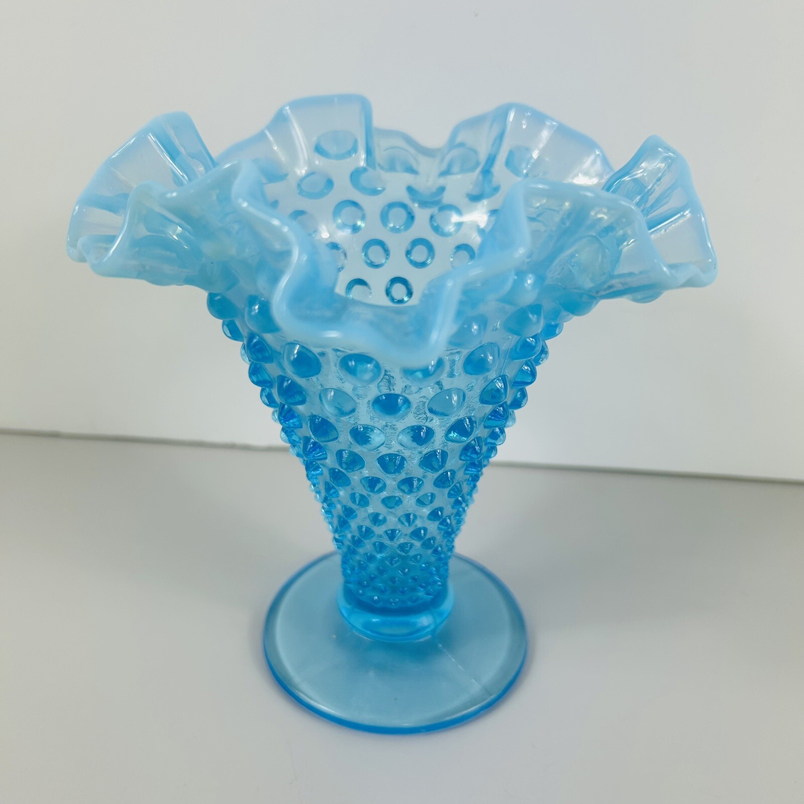 Vintage Opalescent Aqua Blue Glass Hobnail Vase Fluted Ruffled Edge Footed 5.75″