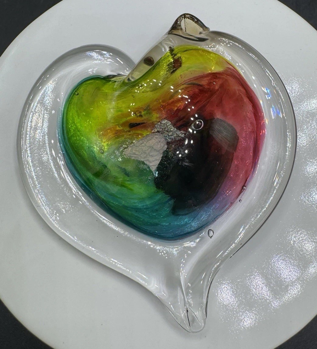 Luke Adams Studio Art Glass Heart Ornament Dichroic Rainbow Hand Blown Glass
