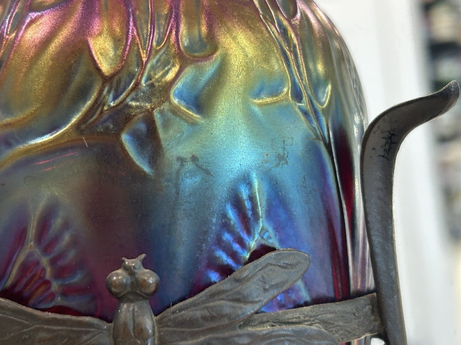 Loetz Iridescent Glass Red Thistle Dragonfly Bronze Mount Tear Drop Vase