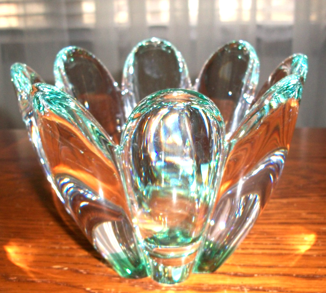 ORREFORS SWEDEN HEAVY GREEN CRYSTAL PETAL BLOOM VASE BOWL~5 LB 4 OZ~SIGNED~
