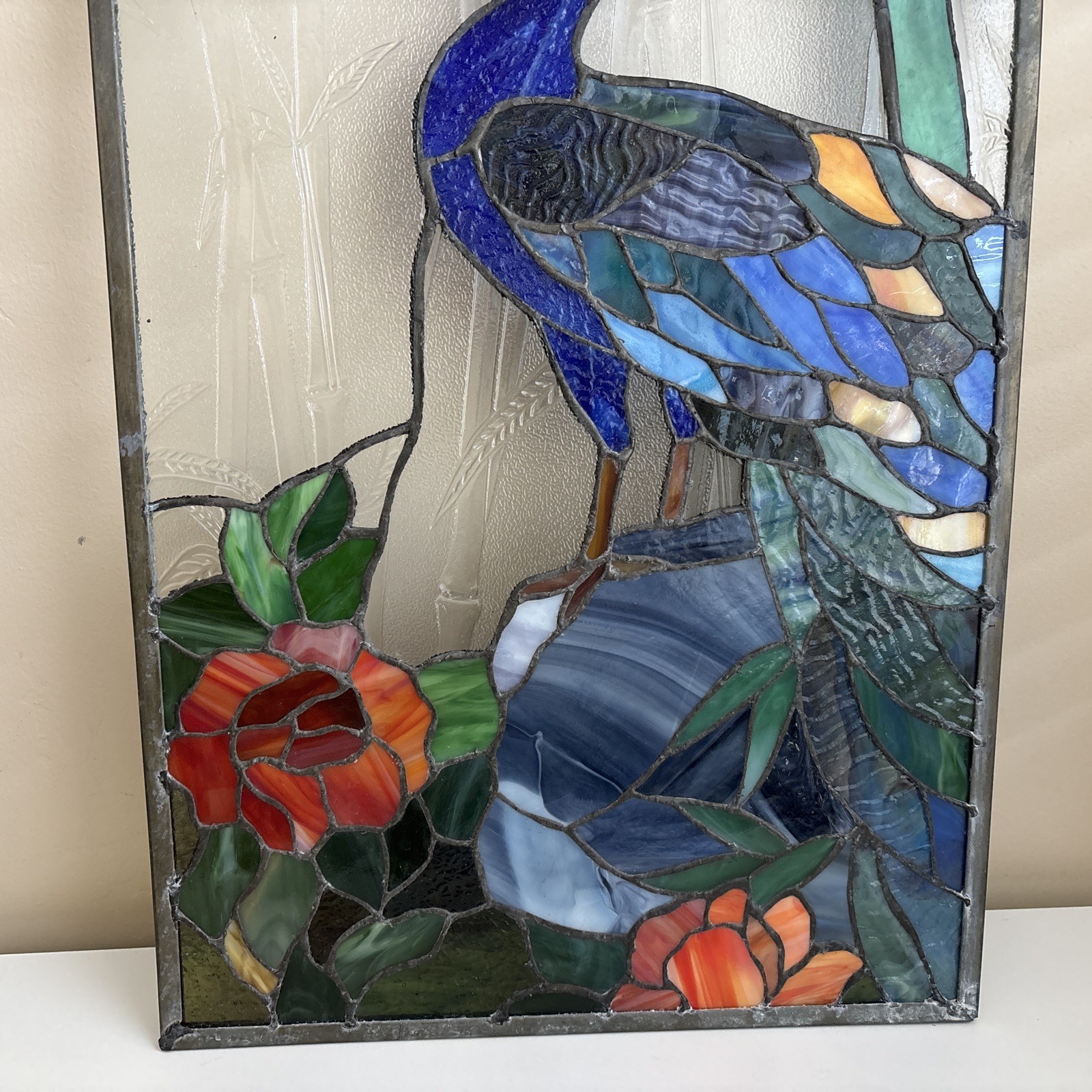 21″ x 13.5″ stained glass peacock flower bamboo window panel glass panel Framed