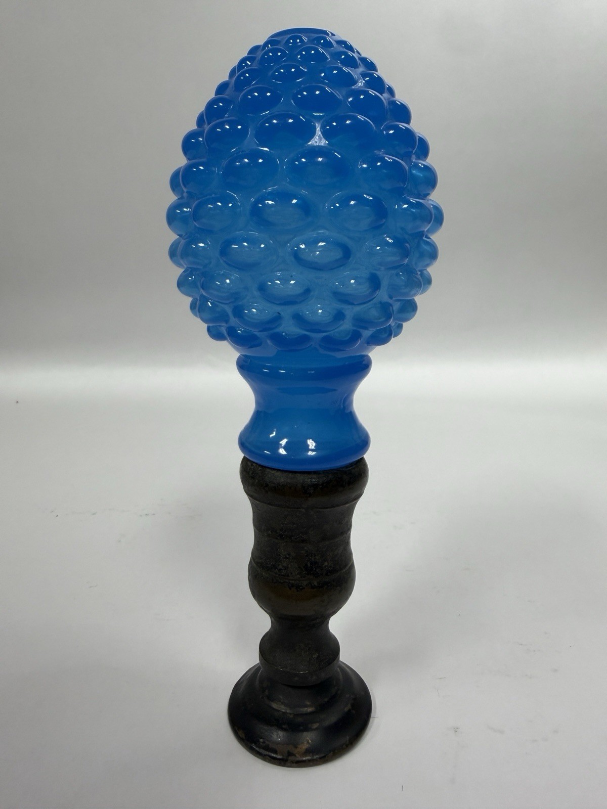 Pair Vintage Blue Opaline Hobnail Glass Bed Post Finials On Wood Bases 11” C30