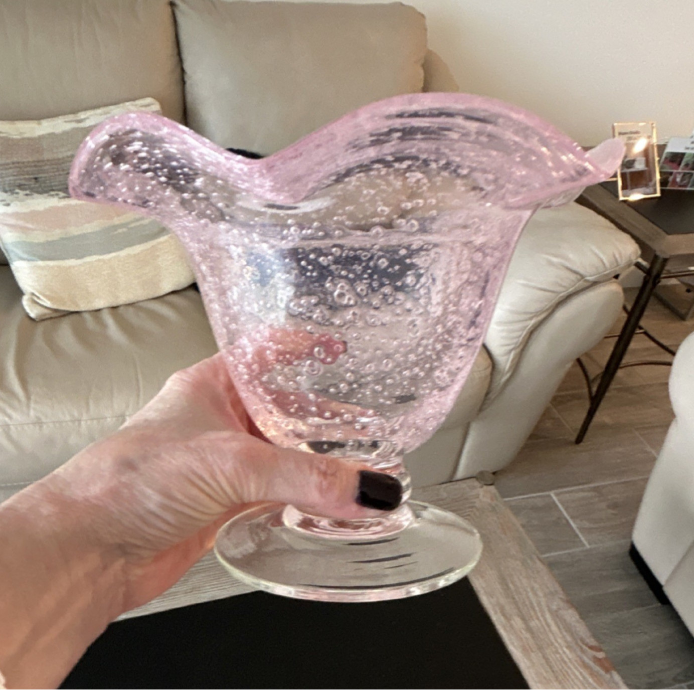 Pink Clear Bubble Glass Decorative Vase or candy dish Wavy Rim Pedestal Base