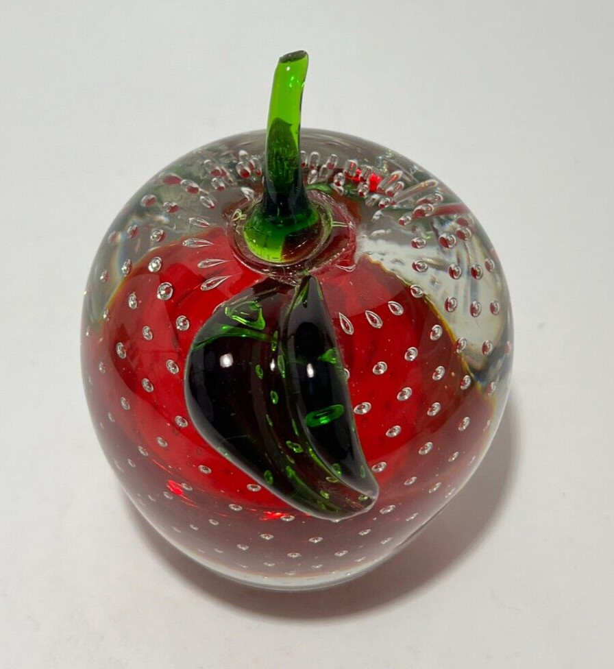 Apple Paperweight Art Hand Blown Glass Cased Clear Red Handcrafted Bubbles Glows