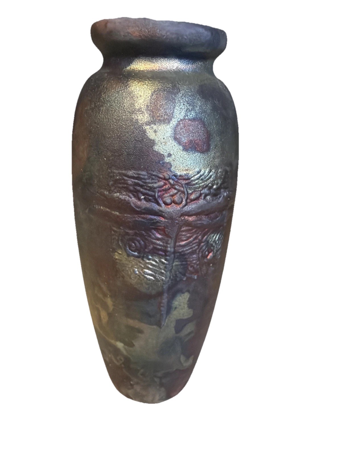 Studio Made Raku Pottery Vase 6-1/2 Inches Textured Dragonfly Design