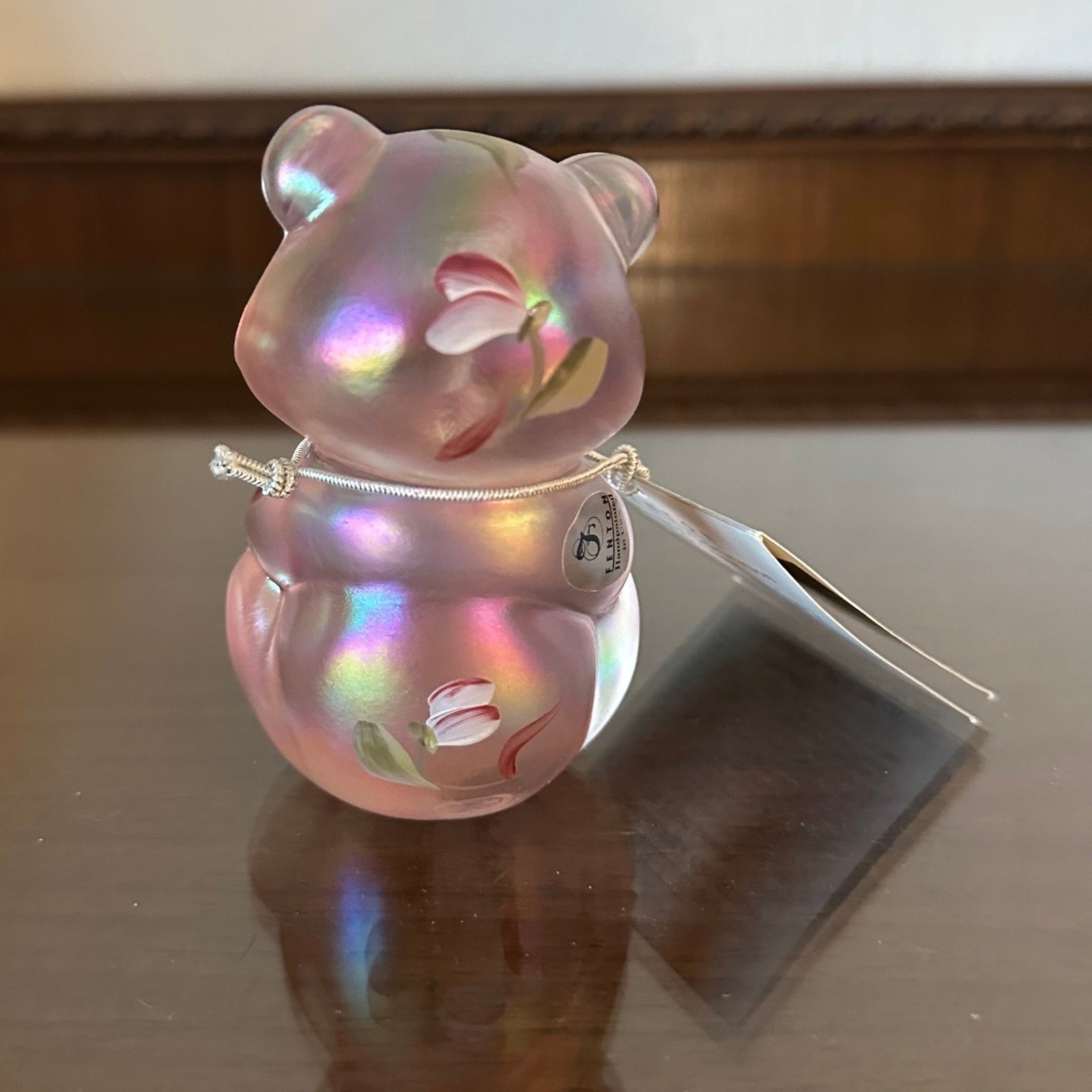 Fenton Pink Opal Iridescent Bear Blue Eye w/ Tag Figurine Hand Painted D Wright
