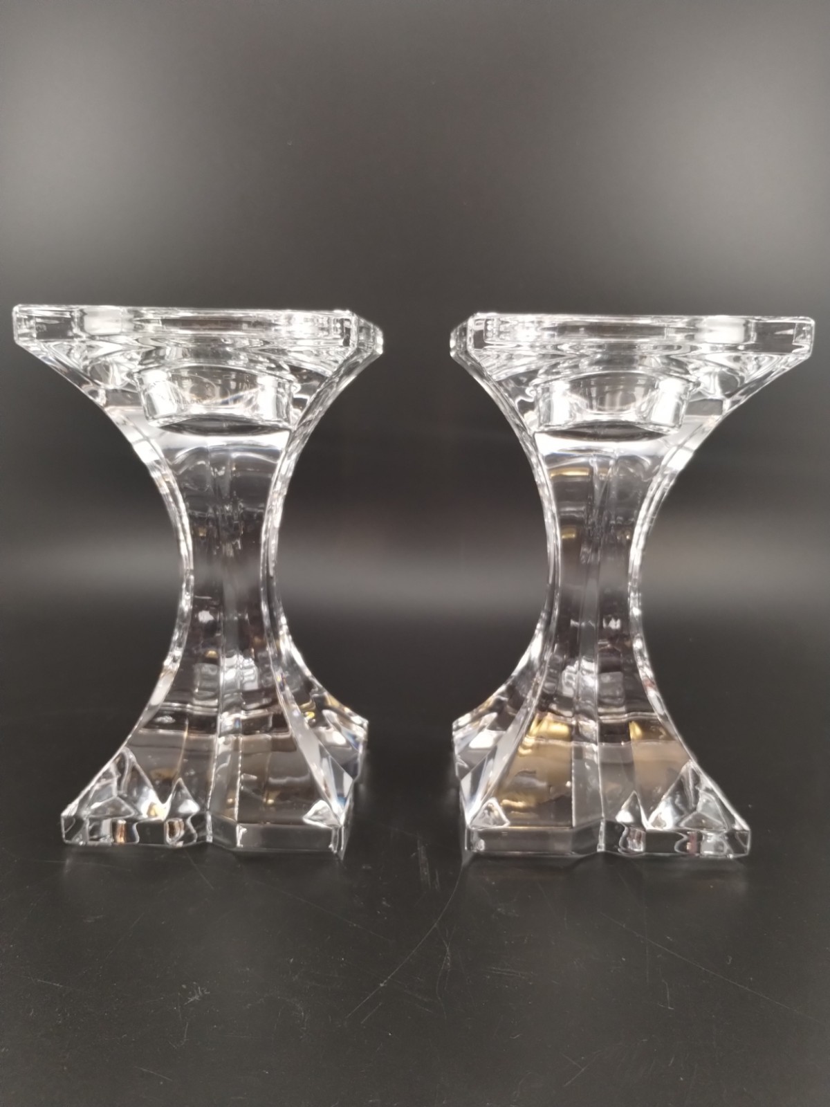 (2) 24% Lead Crystal Candleholder~6″~Slovenia~Like WATERFORD MARQUIS~Verano~XLNT