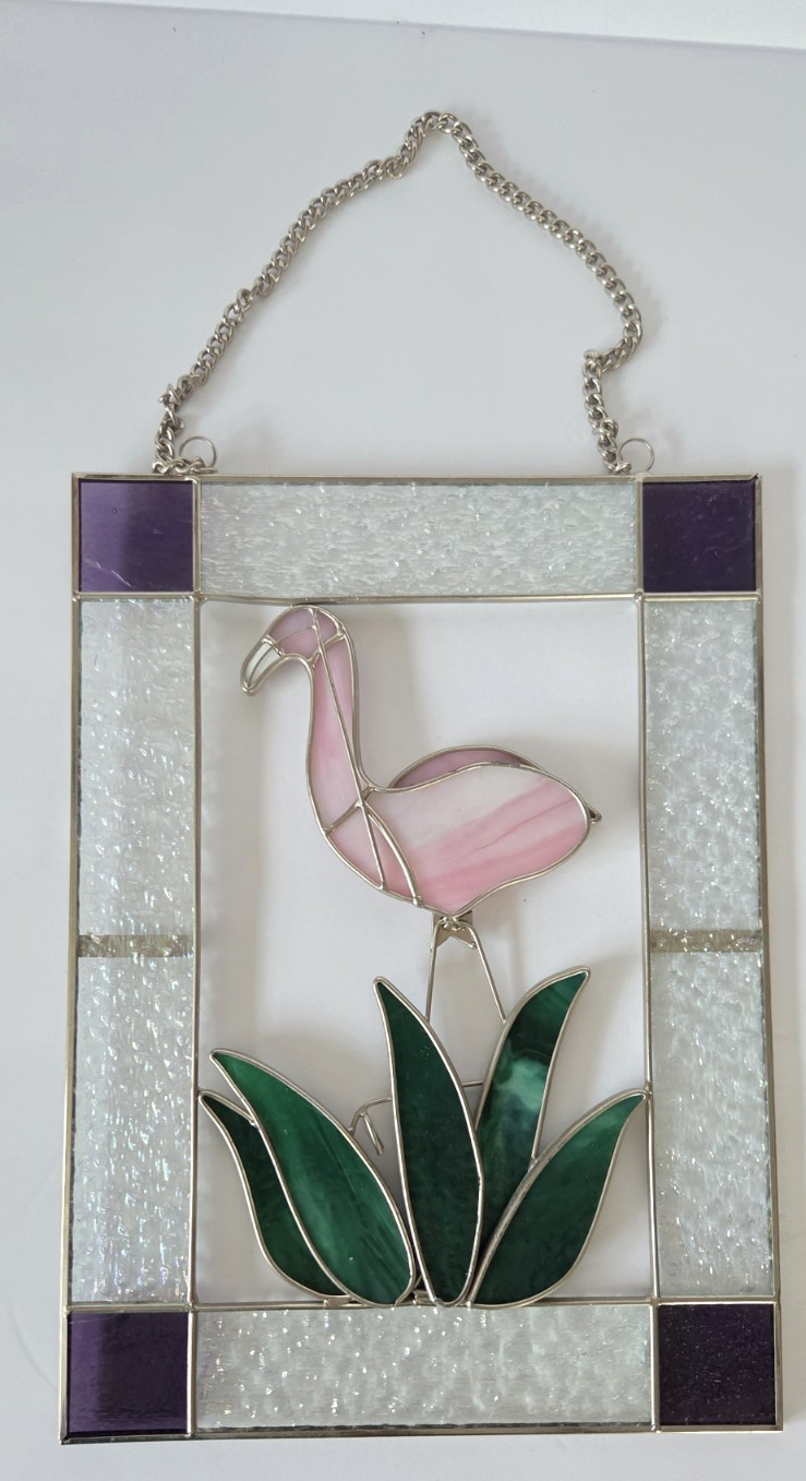 Handmade Stained Glass Flamingo Grass Florida Bird Suncatcher w/Chain 8″ x 11″