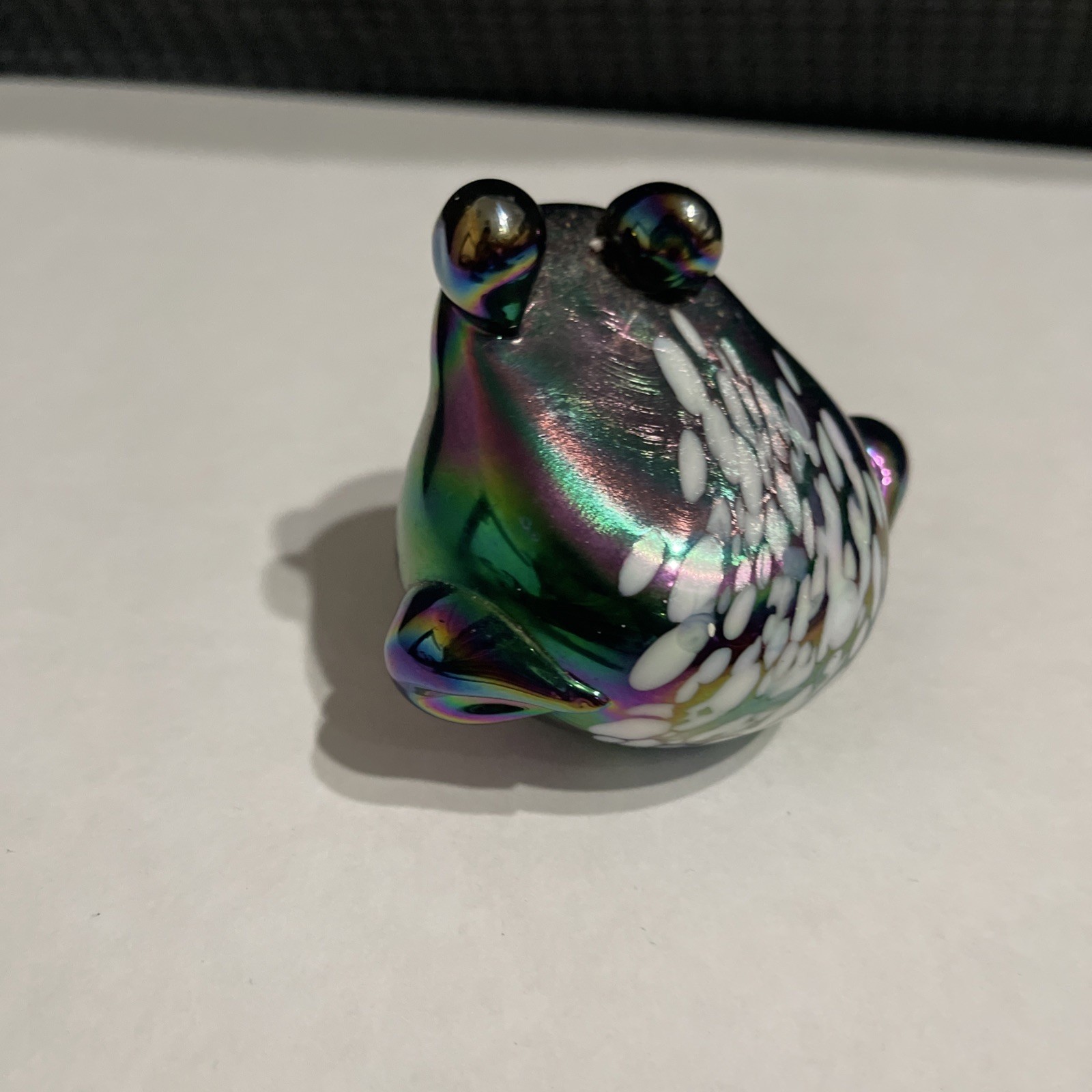 Art Glass Figural Frog – Purple Iridescent Carnival Glass With White Spots