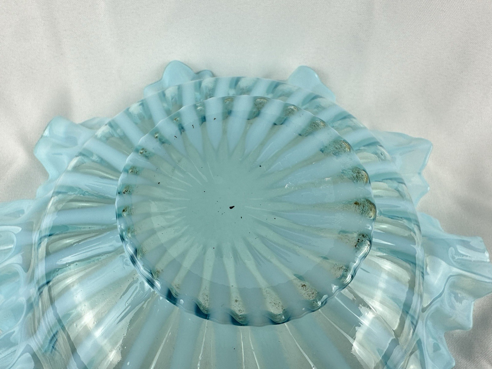 Vintage Aqua Opalescent Spiral Optic Ruffled Glass Bowl Swirl Pattern Art Glass