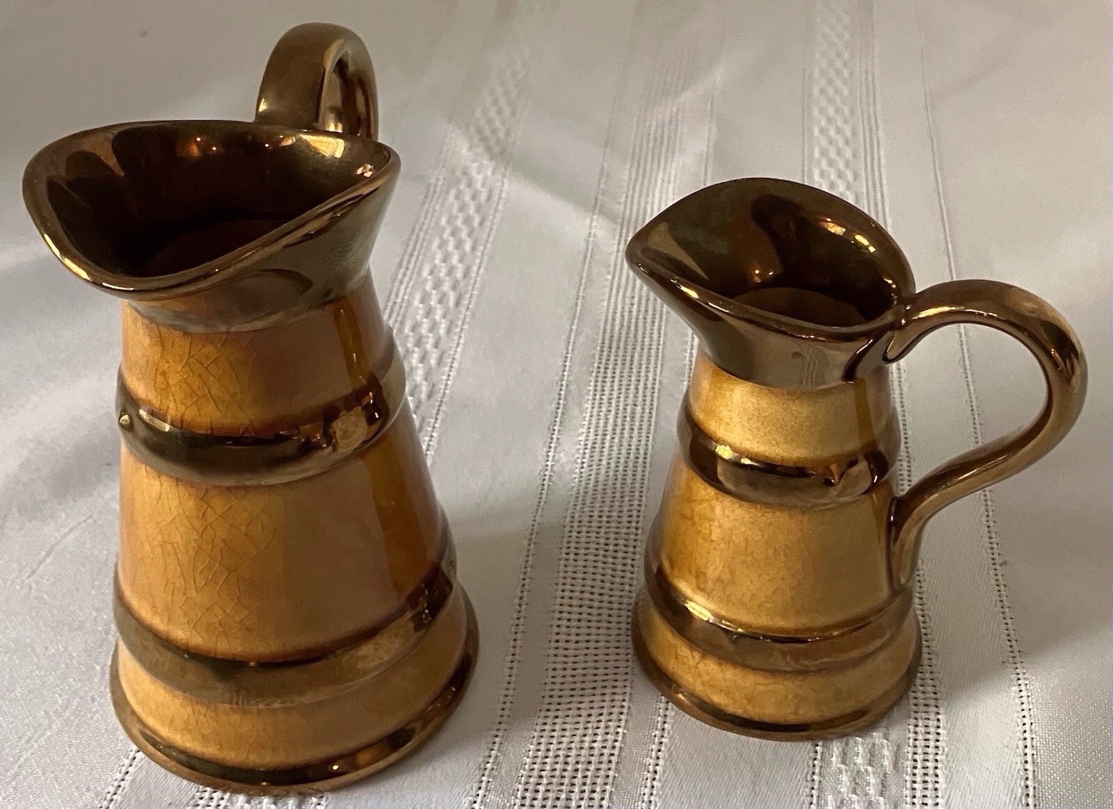 Lord Nelson Pottery , Vtg, Copper Luster Mini Pitchers, Pair, 4.5”, 3.5”,