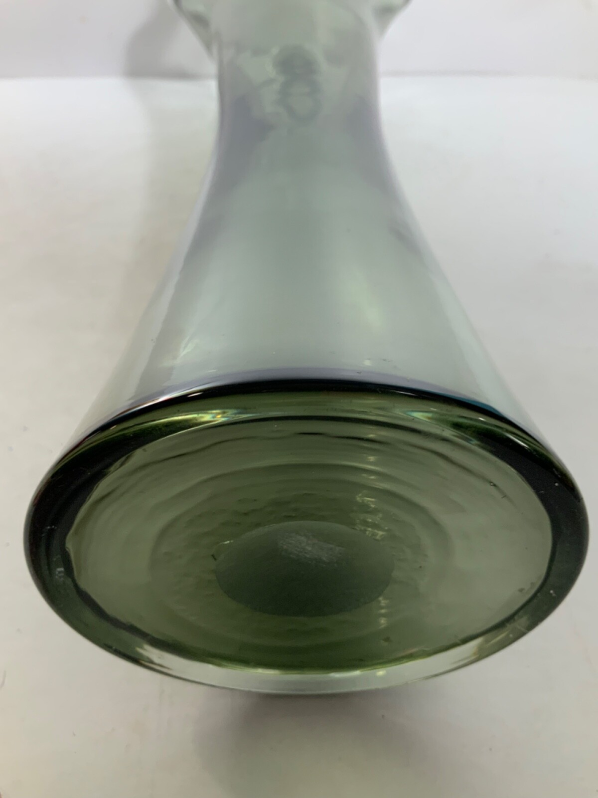 Vintage Hand Blown Glass Smokey Gray & Clear Top Ruffle Swung Vase 17.5 in.