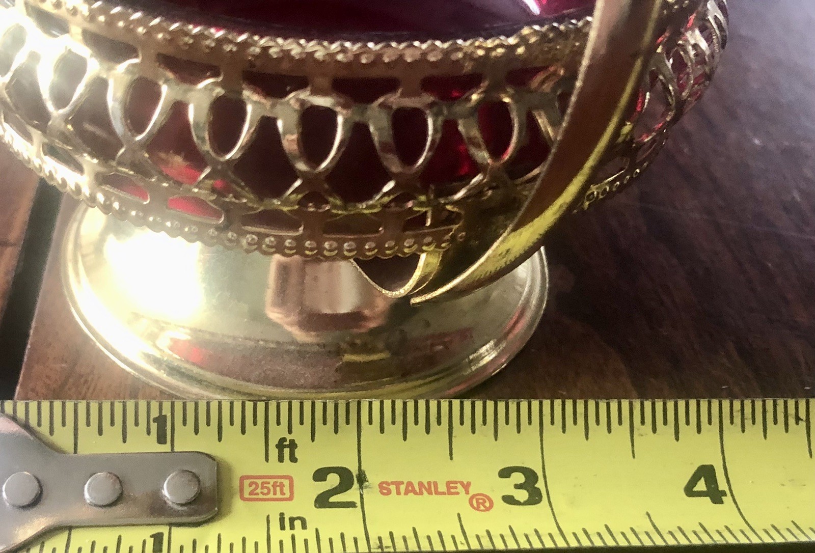 Vintage Gold Filagree Ruby Red Glass Insert Basket 6×4 ~ Candy Dish