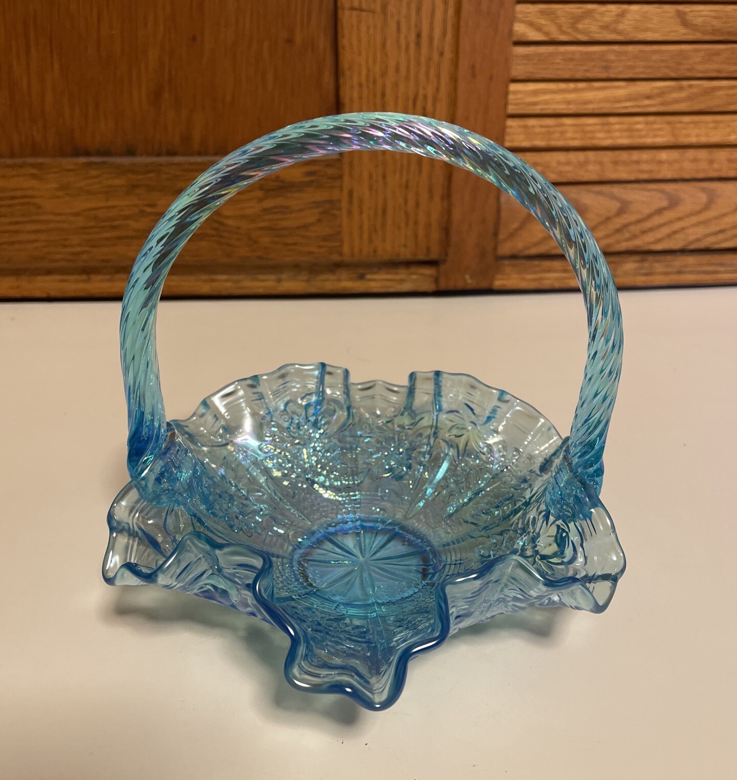 FENTON Opalescent Celeste Blue Carnival Peacock & Dahlia Twisted Handle Basket
