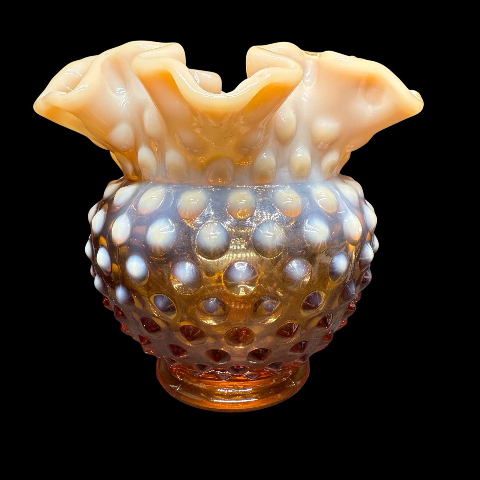Fenton Carmel Brown Opalescent Hobnail Rose Bowl Ruffled Top 4.5”
