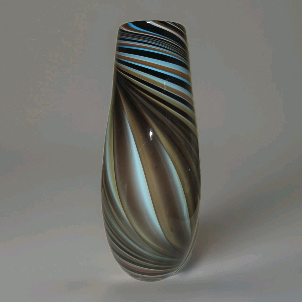 Art Glass Vase White Cased Swirl Blue Orange Brown Centerpiece Large