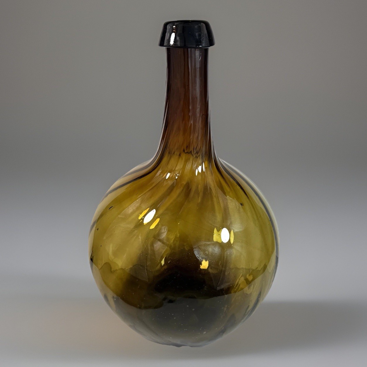 Vintage Blown Glass Globular Jug Amber Swirl Brown Demijohn Bottle Pontil 14.5”