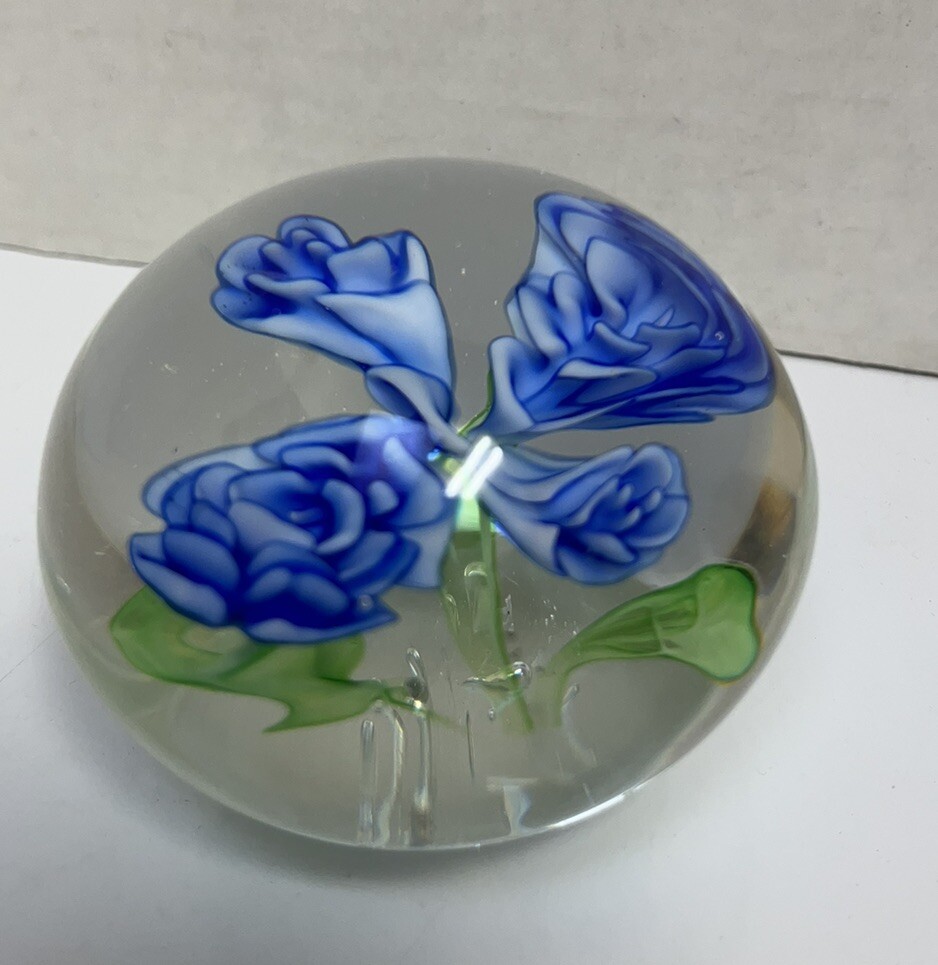 Art Glass Blue Flowers Paperweight.