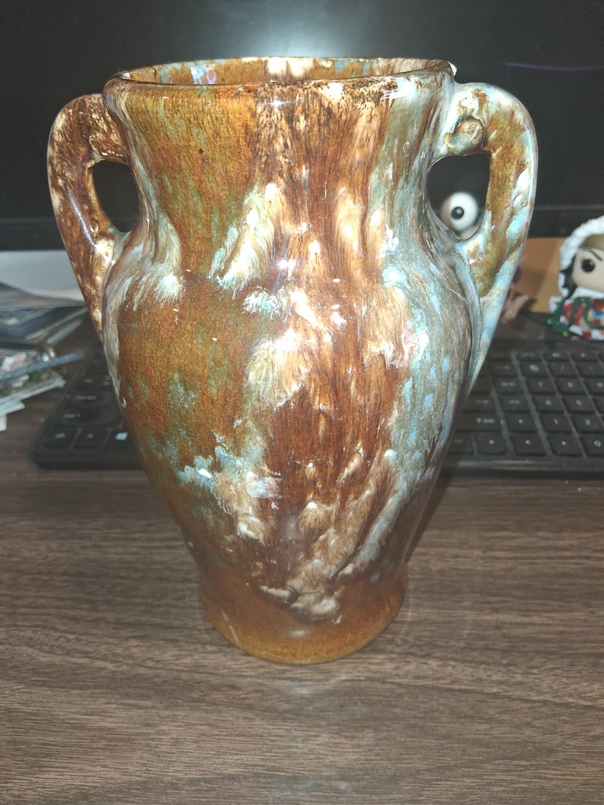 9″ TALL HANDCRAFTED FLOWER, MULTICOLOR VASE POTTERY W/HANDLE, HOME DECOR, INDOOR