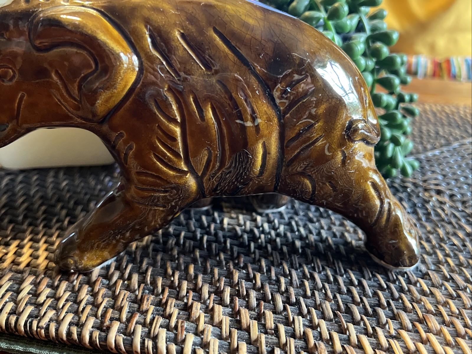 Vintage Van Briggle Elephant Trunk Up Golden Brown Gloss Glaze Figurine- Signed