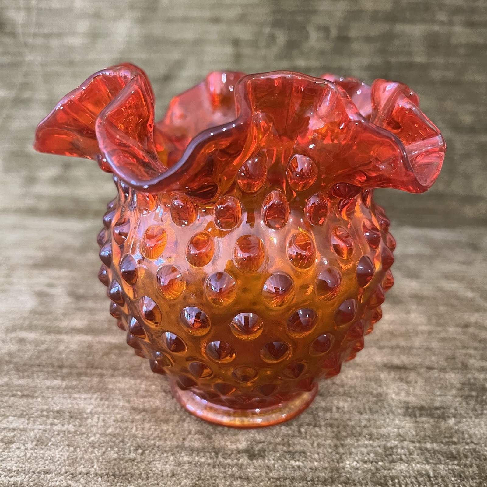 Fenton Art Glass Crimped Hobnail Ruffled Vase Amberina/Tangerine Pattern